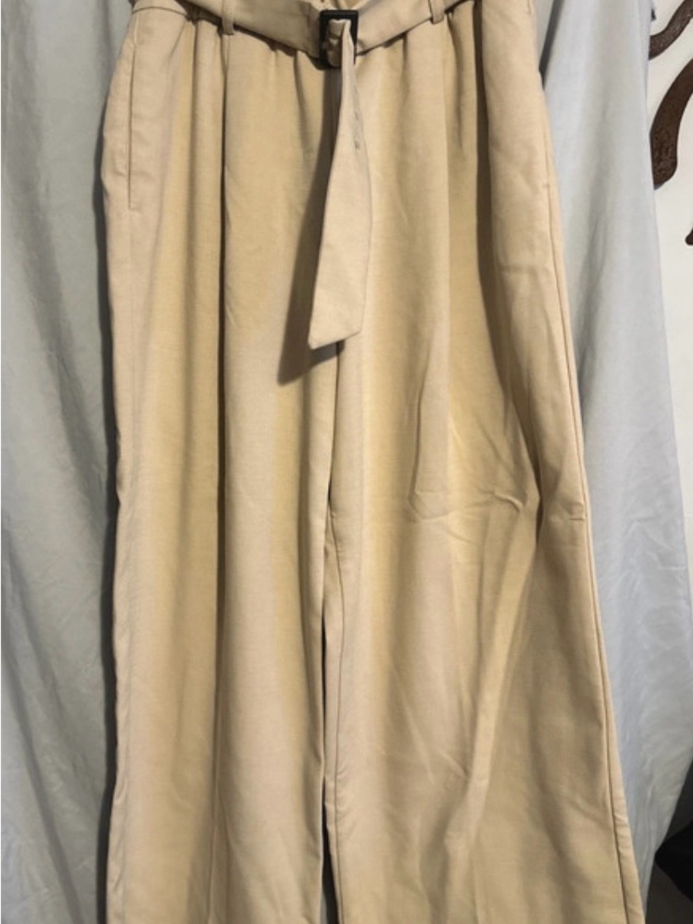 Ann Taylor Wide-Leg High-Waist Belted Trousers in Cream